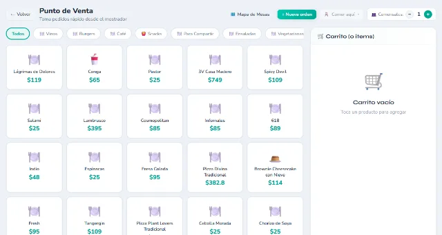 Pantalla real del Restaurant OS de JADE SPARK: categorías, platillos con precio y el carrito de la orden